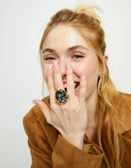 18K Gold Plated Metal Alloy Ring With A Grey Faceted Crystal