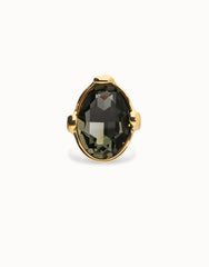 18K Gold Plated Metal Alloy Ring With A Grey Faceted Crystal