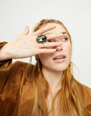 18K Gold Plated Metal Alloy Ring With A Grey Faceted Crystal
