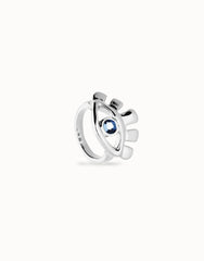 Eye-Shaped Ring With Faceted Blue Crystal - Silver