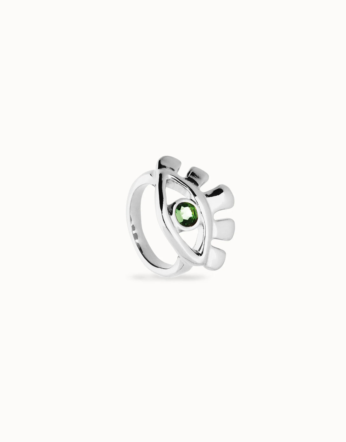 Eye-Shaped Ring With Faceted Green Crystal - Silver