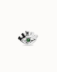 Eye-Shaped Ring With Faceted Green Crystal - Silver