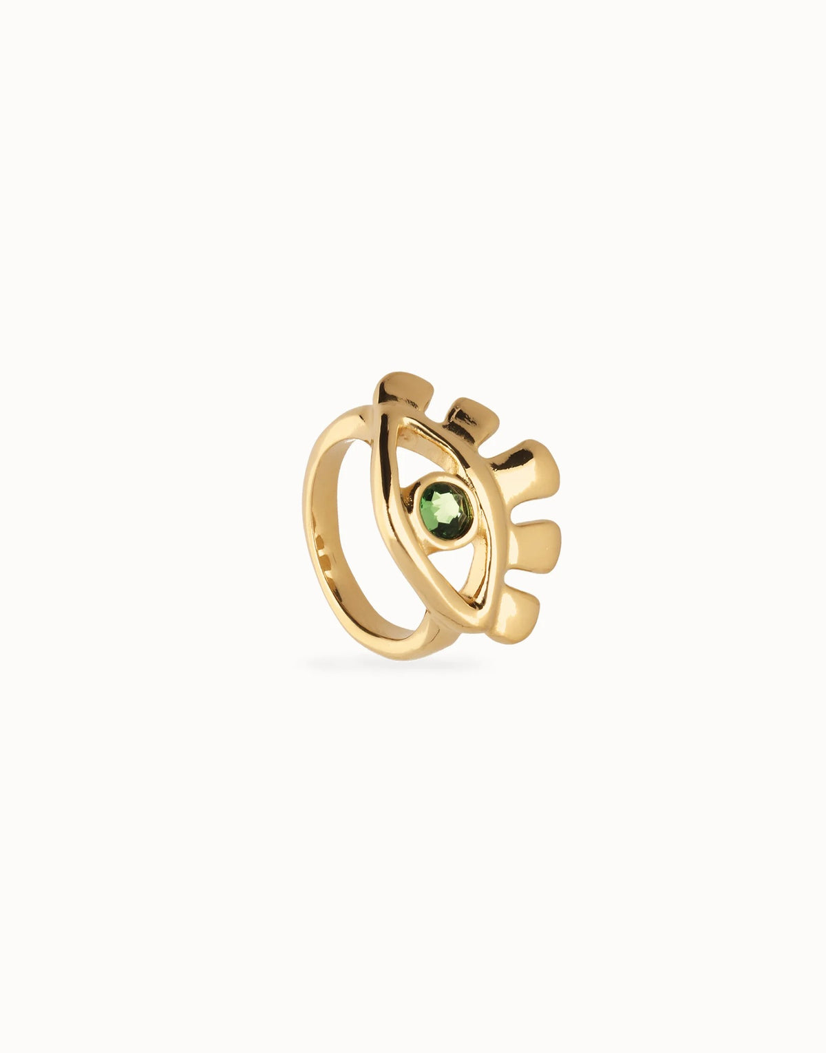 Eye-Shaped Ring With Faceted Green Crystal - Gold