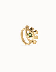 Eye-Shaped Ring With Faceted Green Crystal - Gold