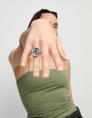 Eye-Shaped Ring With Faceted Blue Crystal - Silver