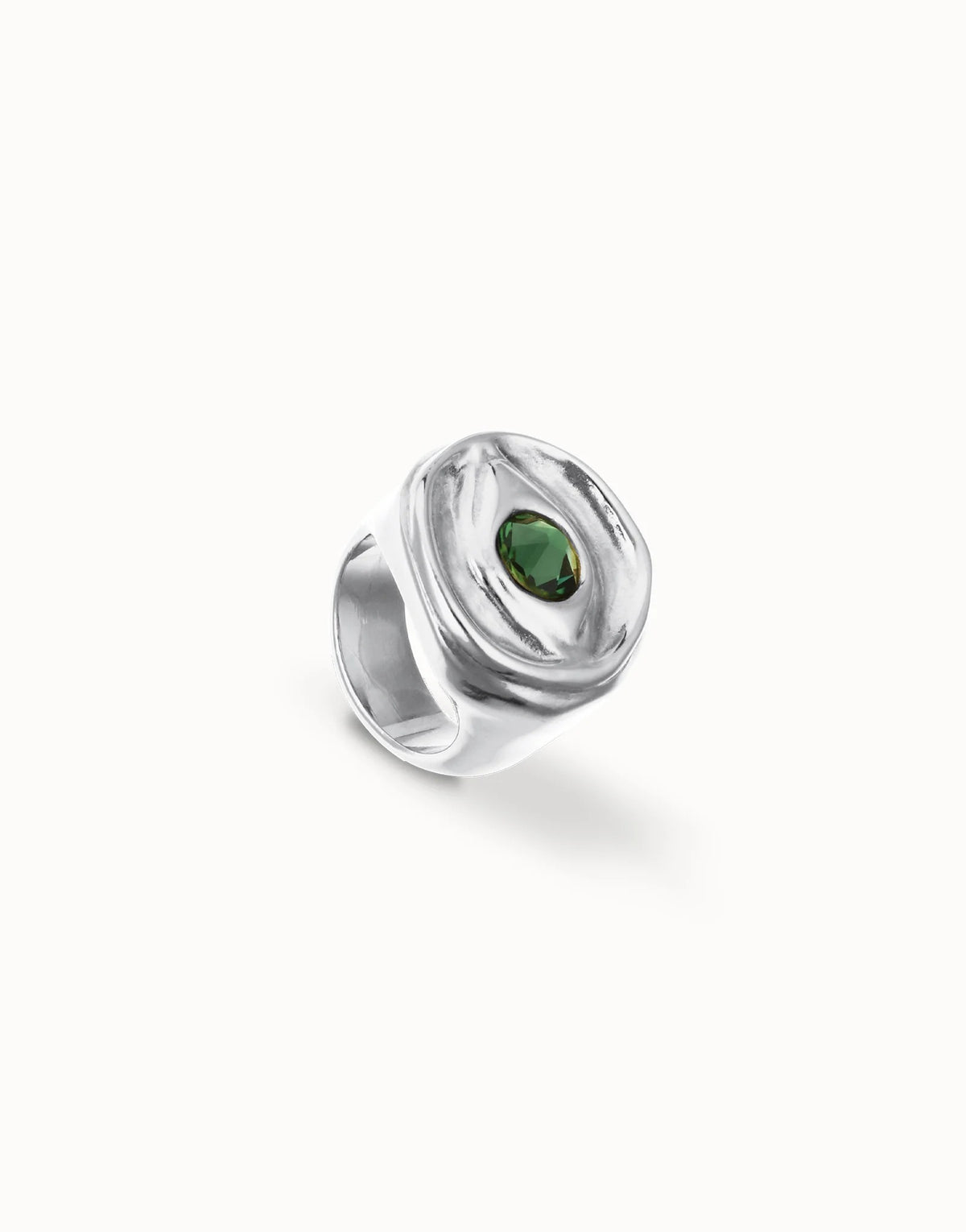 Eye-Shaped Ring With Faceted Green Crystal - Silver