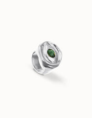 Eye-Shaped Ring With Faceted Green Crystal - Silver