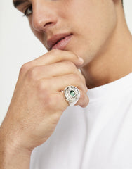 Eye-Shaped Ring With Faceted Green Crystal - Silver