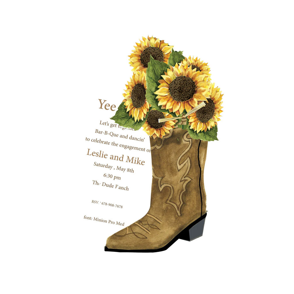 Western Boot With Sunflowers With Ribbon and Tag Invitation Cards (Set Of 60)