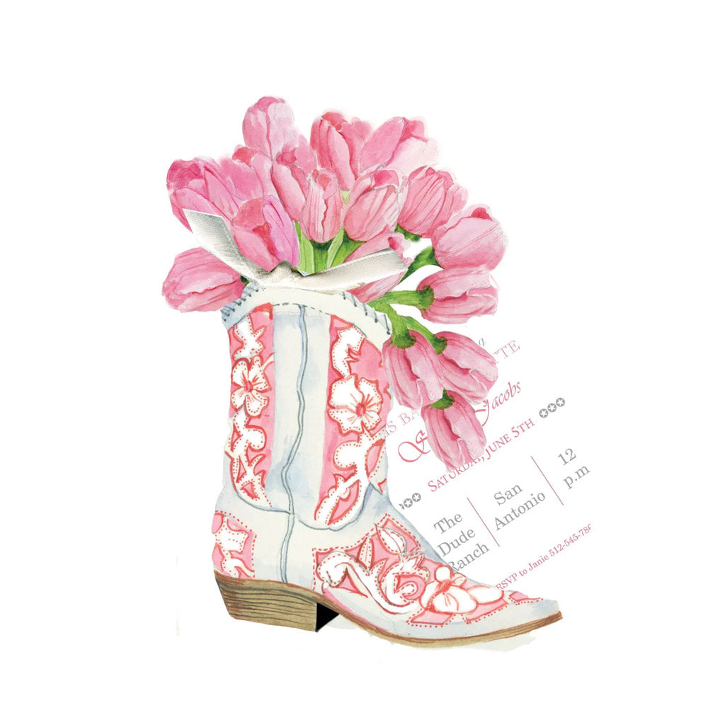 Cowgirl Boot With Tulips With Ribbon and Tag Invitation Cards (Set Of 60)