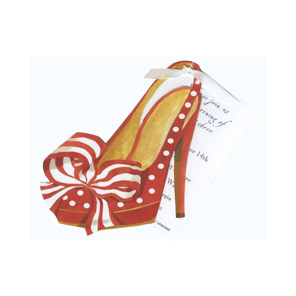 Red and White Polka Dot Shoe With Ribbon and Tag Invitation Cards (Set Of 60)