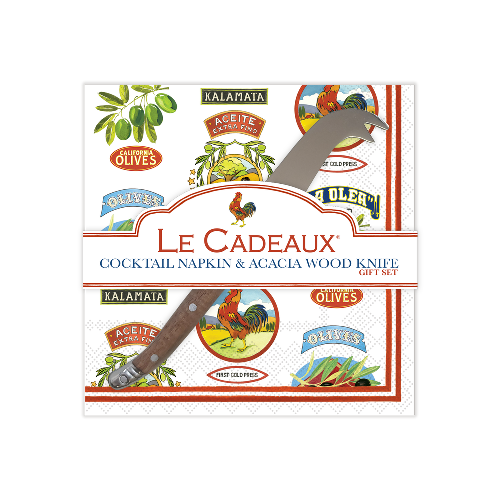 Vintage Olive Allover Cocktail Napkins (Pack of 20) & Mini Laguiole Cheese Knife Gift Set