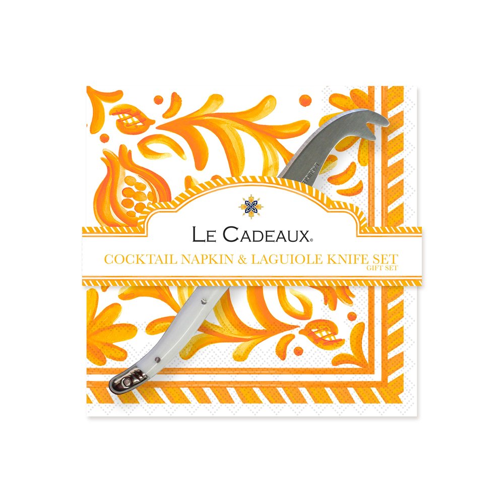 Sicily Orange Cocktail Napkins & Mini Laguiole Cheese Knife Gift Set