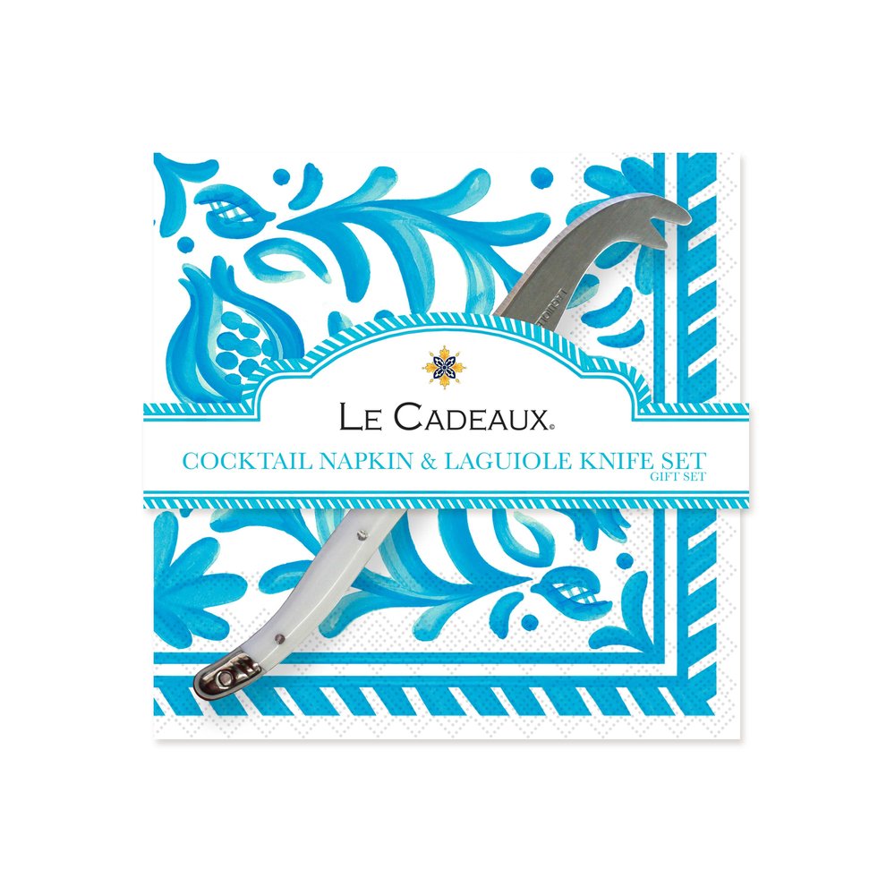 Sicily Teal Cocktail Napkins & Mini Laguiole Cheese Knife Gift Set