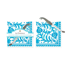 Sicily Teal Cocktail Napkins & Mini Laguiole Cheese Knife Gift Set
