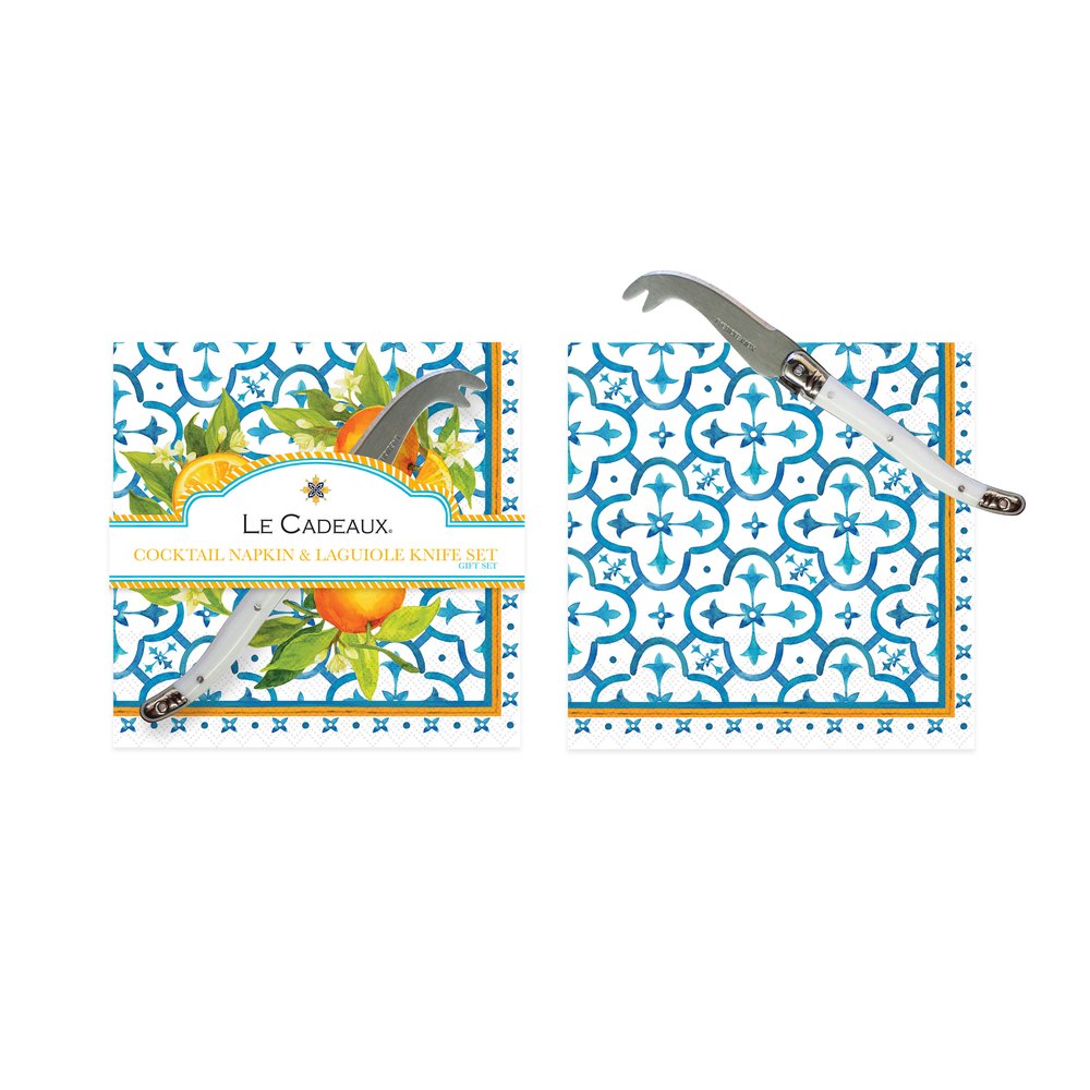 Valencia Cocktail Napkins & Mini Laguiole Cheese Knife Gift Set