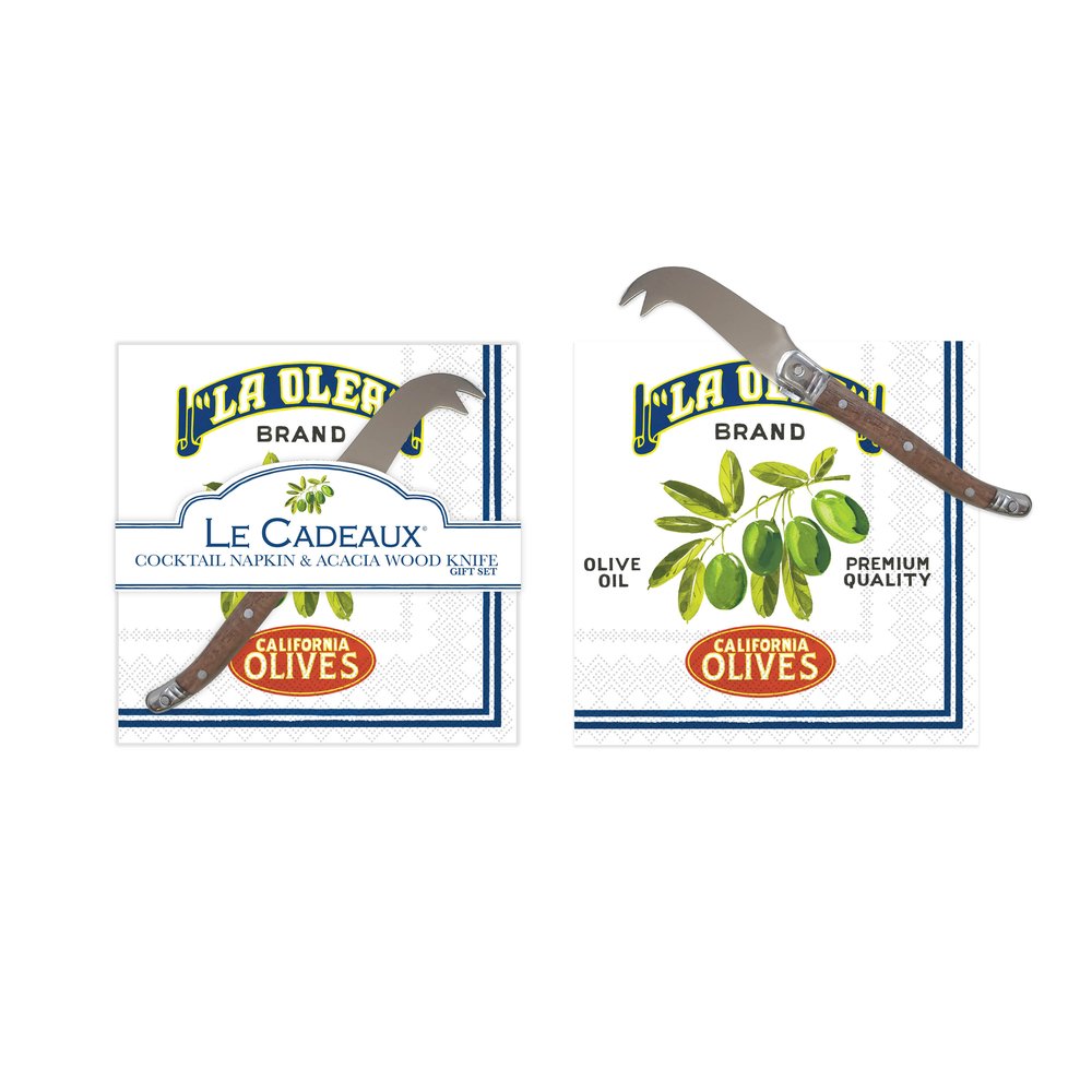 Vintage Olive Italy & California Cocktail Napkins (Pack of 20) & Mini Laguiole Cheese Knife Gift Set
