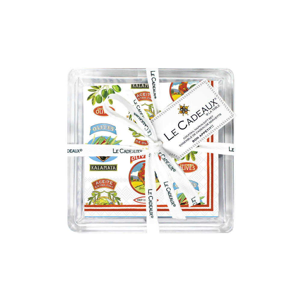 Vintage Olive Allover Cocktail Napkins (Pack of 20) & Acrylic Holder Gift Set