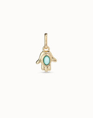 Hand Shape Charm With Turquoise Murano Crystal In The Center - Gold