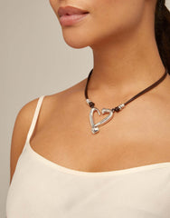 Necklace With 2 Leather Strips And Medium Heart