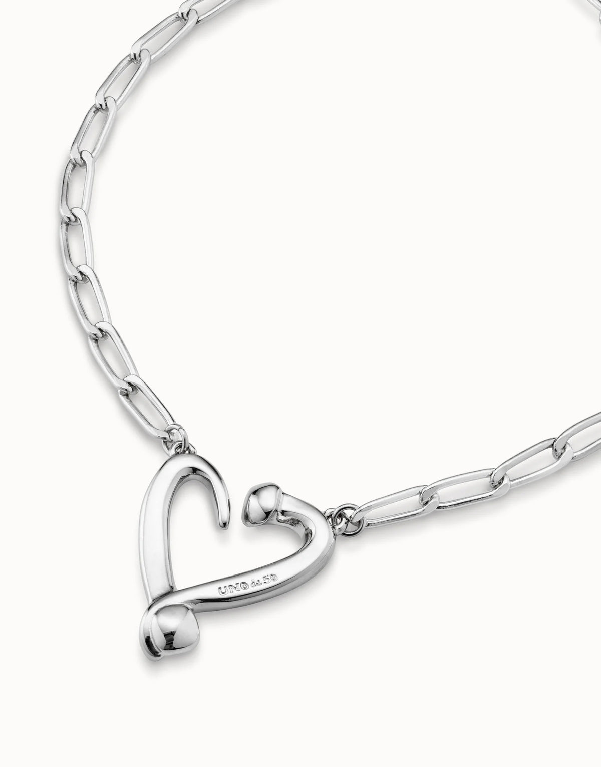 Necklace With Joined Nail Shape Links And Medium Central Heart - Silver