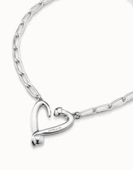 Necklace With Joined Nail Shape Links And Medium Central Heart - Silver