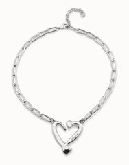 Necklace With Joined Nail Shape Links And Medium Central Heart - Silver