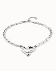 Necklace With Joined Nail Shape Links And Medium Central Heart - Silver