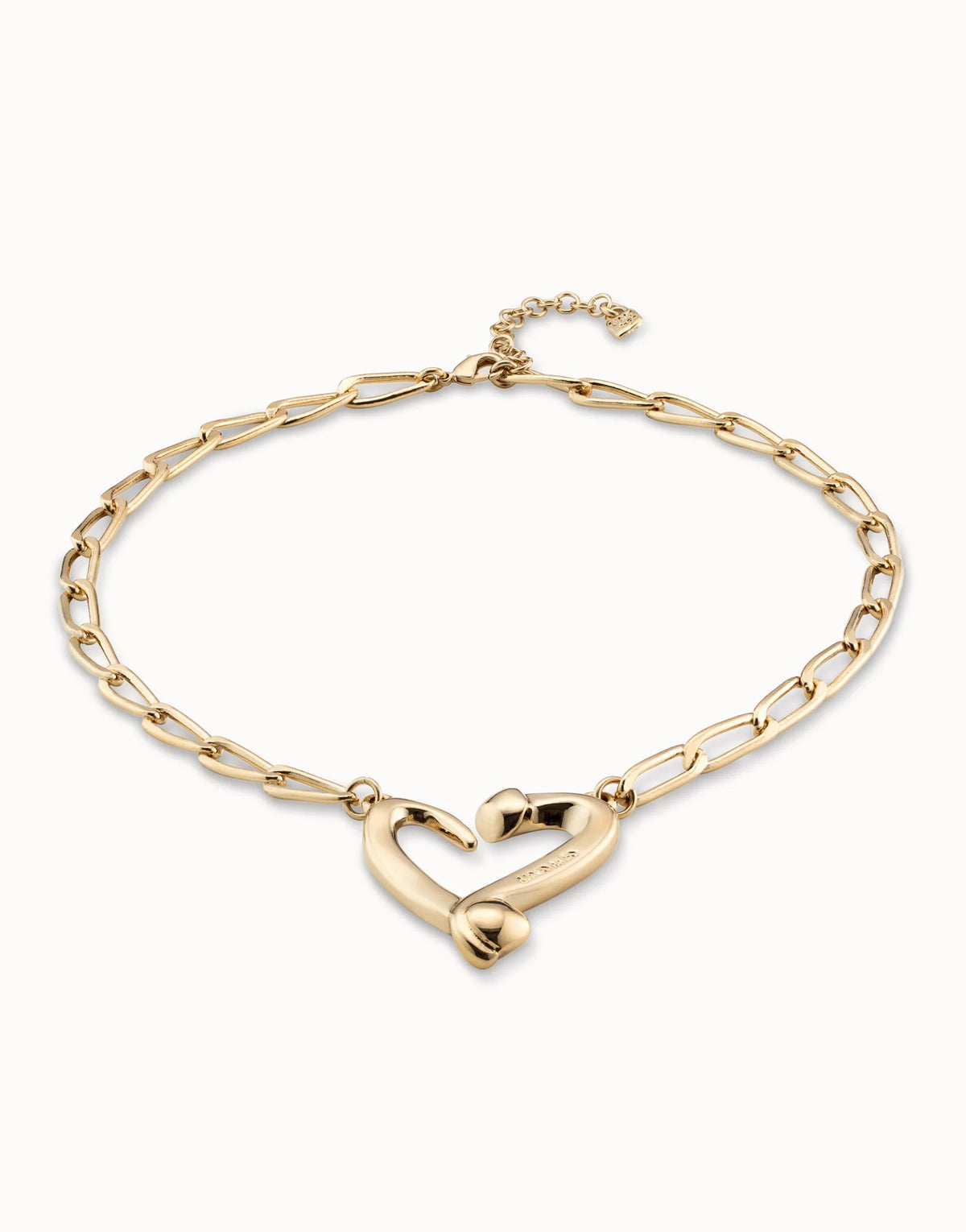 Necklace With Joined Nail Shape Links And Medium Central Heart - Gold
