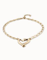 Necklace With Joined Nail Shape Links And Medium Central Heart - Gold
