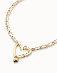 Necklace With Joined Nail Shape Links And Medium Central Heart - Gold