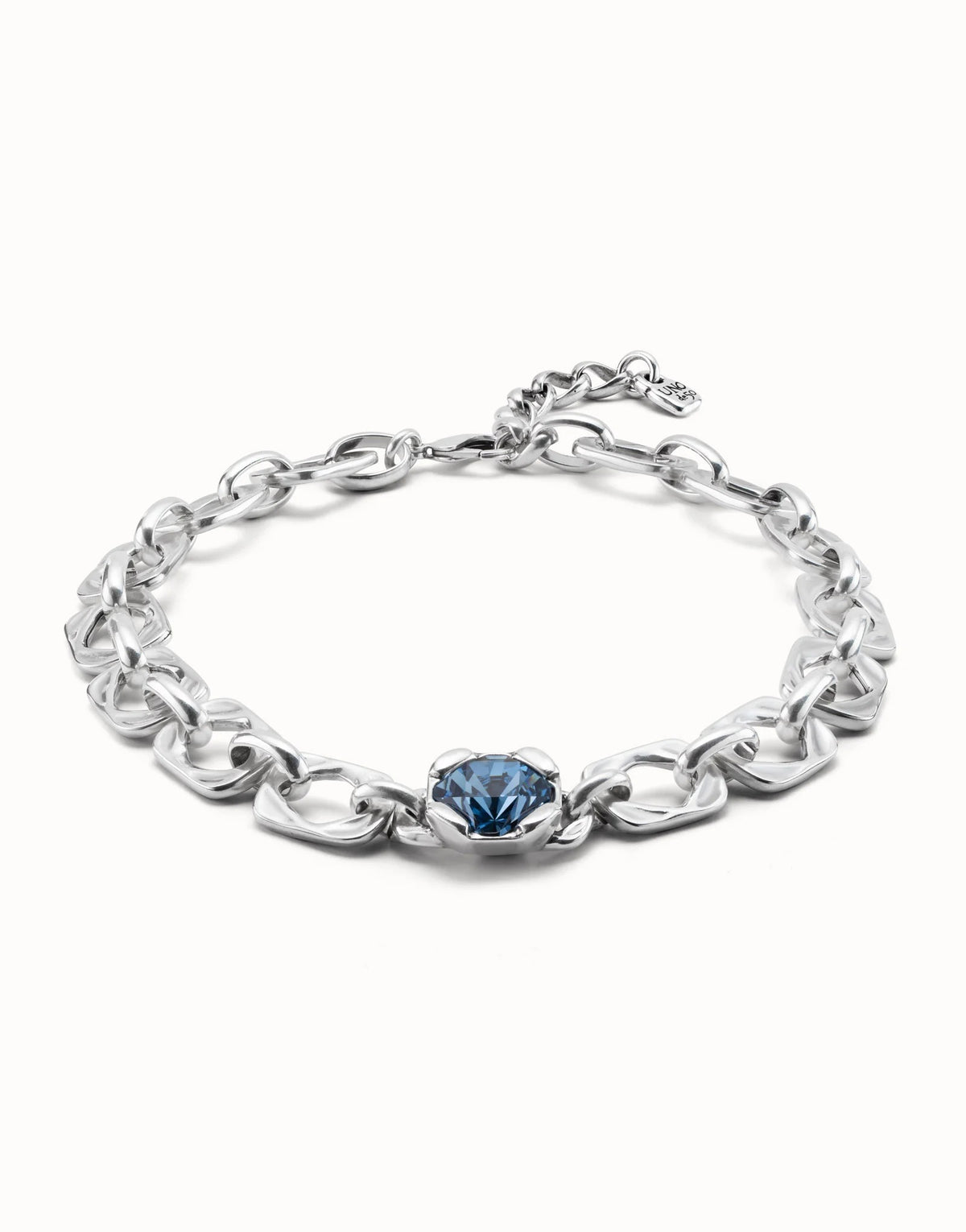 Necklace With Rectangular Links And Central Blue Faceted Crystal