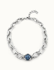 Necklace With Rectangular Links And Central Blue Faceted Crystal