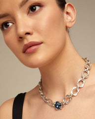 Necklace With Rectangular Links And Central Blue Faceted Crystal