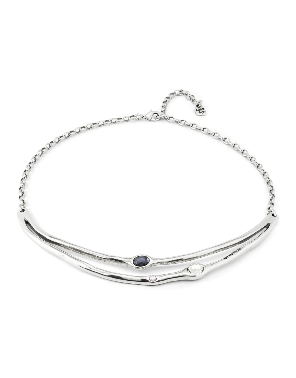 Choker Necklace With 2 Gray, 1 White And 1 Pink Faceted Crystals - Silver