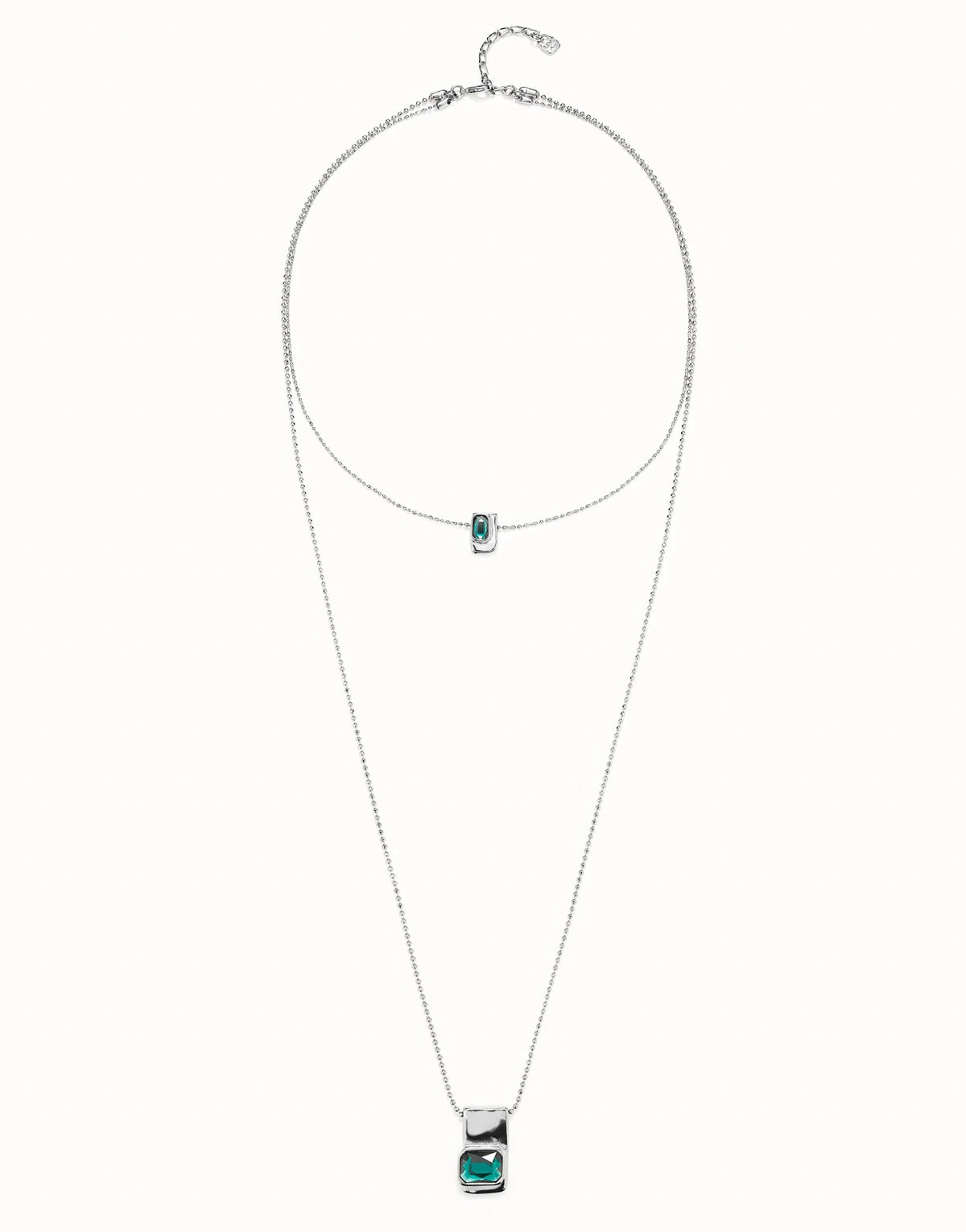 Multi Strand Chain Necklace With Green Crystals - Silver