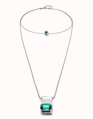 Multi Strand Chain Necklace With Green Crystals - Silver