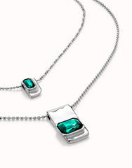 Multi Strand Chain Necklace With Green Crystals - Silver