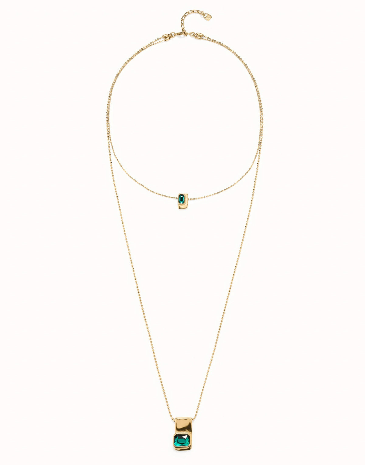 Double Strand Chain Necklace With Green Crystals - Gold