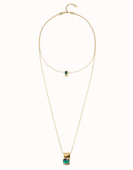 Double Strand Chain Necklace With Green Crystals - Gold