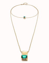 Double Strand Chain Necklace With Green Crystals - Gold