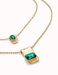 Double Strand Chain Necklace With Green Crystals - Gold