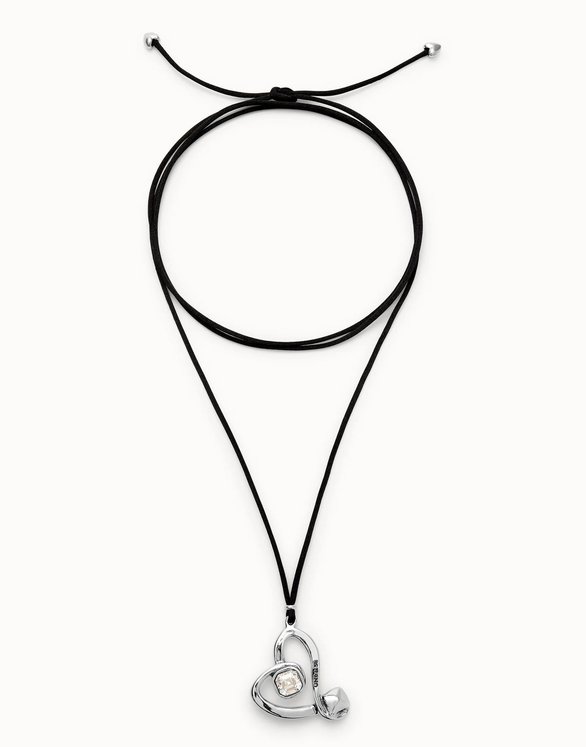Long Pendant With Double Chain And Heart With Crystal - Silver