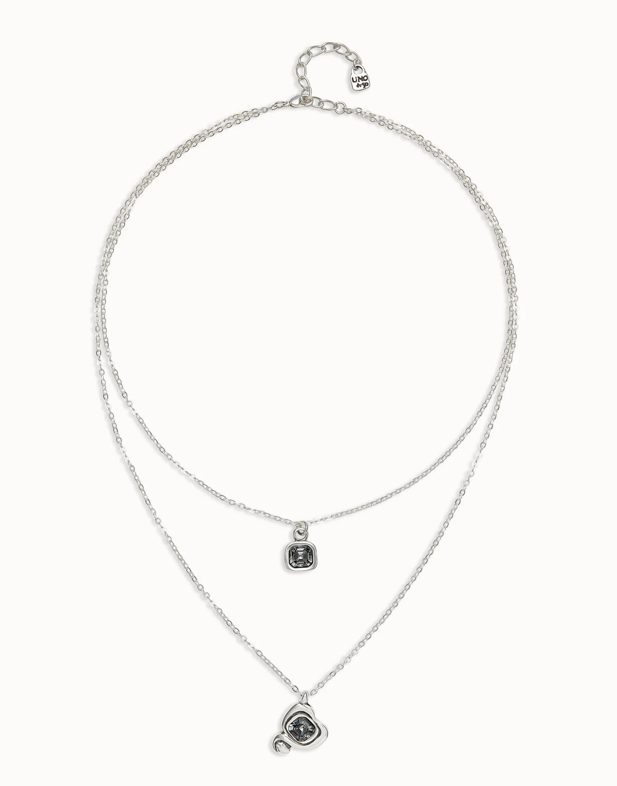 Long Pendant With Double Chain And Heart With Black Crystal - Silver