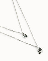 Long Pendant With Double Chain And Heart With Black Crystal - Silver