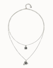 Long Pendant With Double Chain And Heart With Black Crystal - Silver