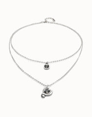 Long Pendant With Double Chain And Heart With Black Crystal - Silver
