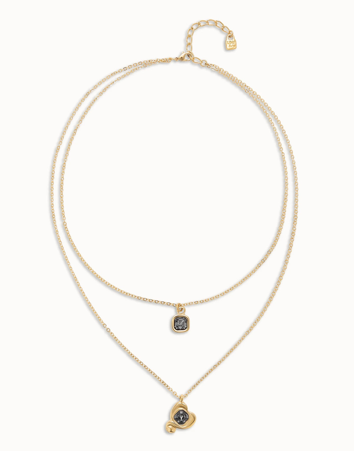 Long Pendant With Double Chain And Heart With Black Crystal - Gold