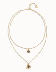 Long Pendant With Double Chain And Heart With Black Crystal - Gold