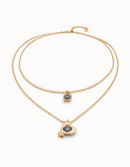 Long Pendant With Double Chain And Heart With Black Crystal - Gold